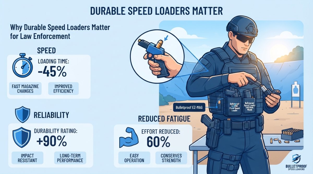 Law enforcement officer at outdoor range loading magazines with a speed loader during tactical training, showing proper grip and operational readiness in afternoon sunlight