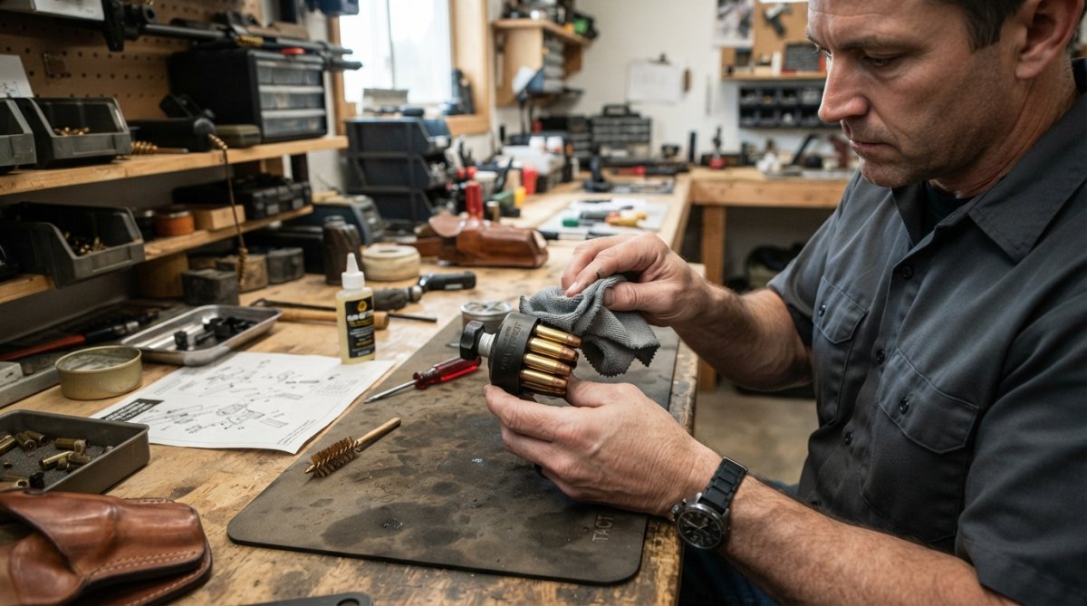 Hands cleaning and maintaining a speed loader with cleaning cloth and tools on a workbench, demonstrating proper care routine under workshop lighting