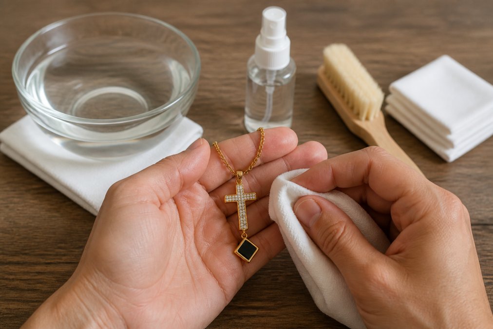 Hands gently cleaning a spiritual pendant necklace with a soft cloth and cleansing solution, with a bowl of water and care supplies arranged nearby on a wooden surface
