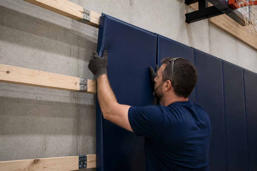 Professional installer securing vinyl-covered foam padding to concrete gymnasium wall using furring strips and metal Z-clip fasteners, showing proper alignment and spacing technique