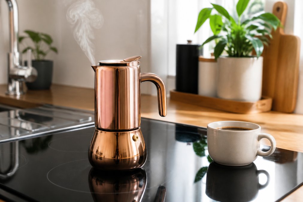 A polished copper-toned stainless steel moka pot sitting on a modern glass induction cooktop in a bright kitchen, steam rising from the spout, with a ceramic cup of freshly brewed coffee on the counter beside it