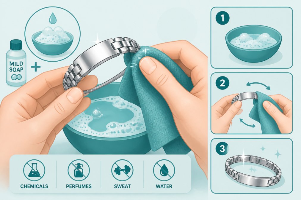 Close-up of hands gently cleaning a stainless steel bracelet with a soft microfiber cloth and mild soapy water, showing the polishing motion and attention to detail