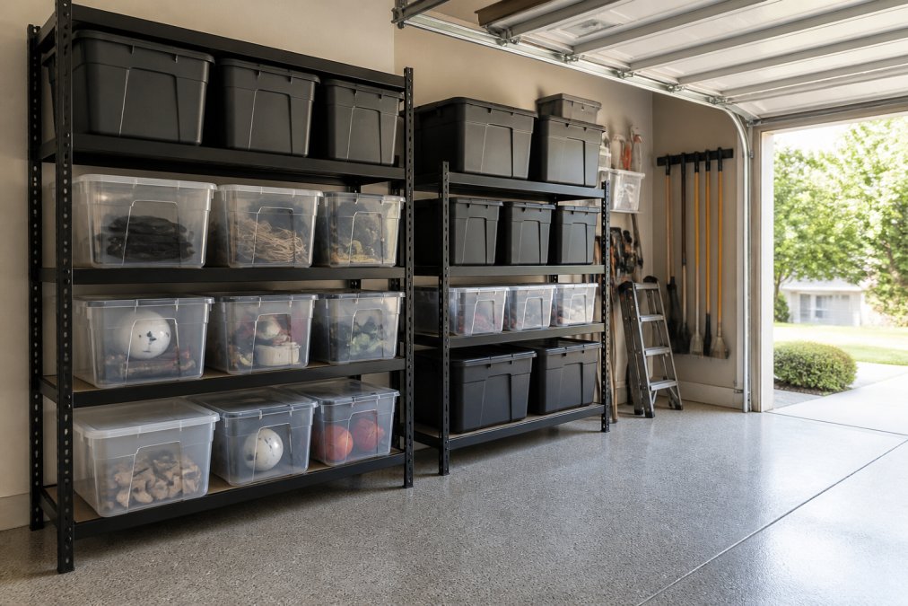 Well-organized garage with clear and opaque stackable storage bins of varying sizes arranged on heavy-duty metal shelving, showing practical heavy-duty storage in action with natural light from overhead garage door
