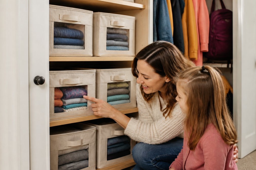 Close-up of labeled storage bins in a well-lit closet with a parent and child looking at organized items together, showing a family actively using the storage system