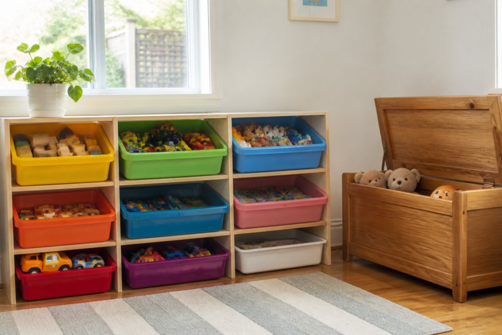 A bright, organized playroom with a row of colorful stackable plastic bins and a solid wooden toy chest neatly arranged on low shelves, toys sorted by category inside each bin, warm natural light from a window