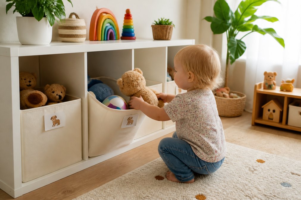 A toddler placing a stuffed animal into a low open-front cubby bin in a cheerful playroom, with canvas baskets and picture-labeled bins visible on surrounding low shelves, bright natural light