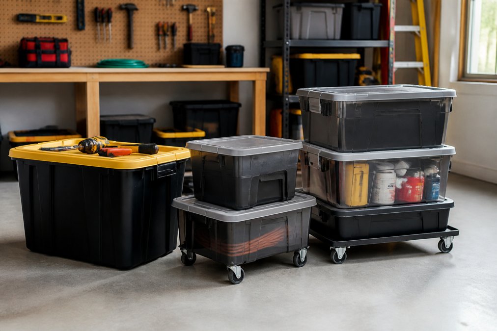Professional garage workspace with multiple wheeled storage totes of varying sizes stacked and arranged, showing clear organization of tools and supplies with natural overhead lighting