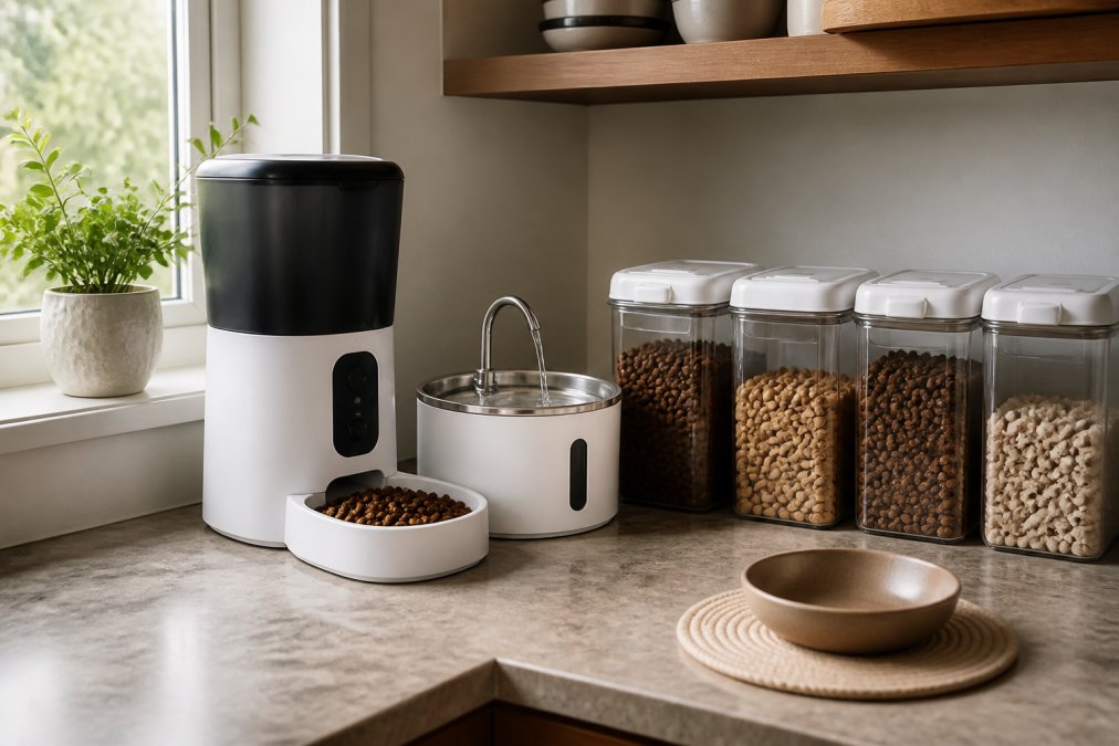 Close-up of an organized kitchen counter with an automatic cat feeder, water dispenser, and sealed storage containers arranged neatly beside a window with natural morning light