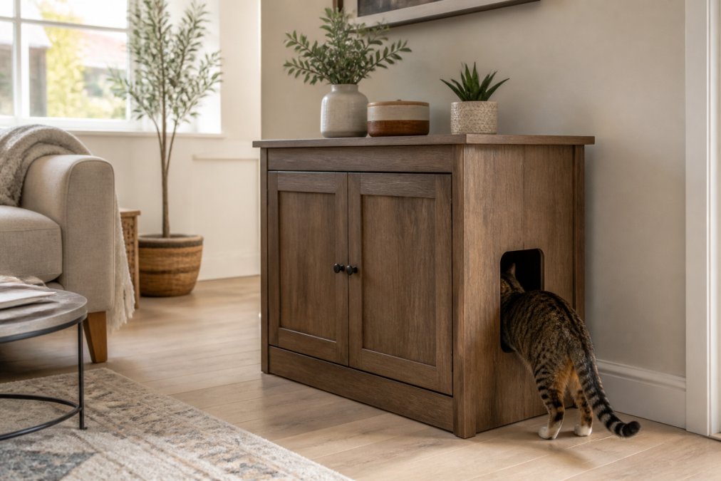 Modern living room with a wooden cabinet-style concealed litter box furniture piece positioned against a wall, a tabby cat entering through the side opening, with neutral decor and warm natural lighting from nearby windows
