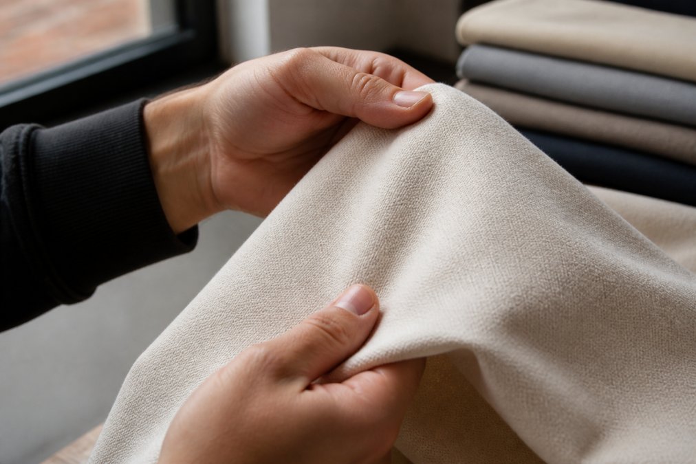 Close-up of hands examining heavyweight cotton fabric, showing the tight weave structure and dense texture under natural window lighting, with fingers running across the material to demonstrate thickness and quality