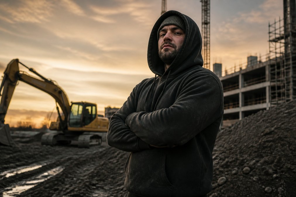 A tradesperson in a dense, heavyweight hoodie standing on a construction site at dawn, arms crossed, looking confident. The fabric shows structure and weight.