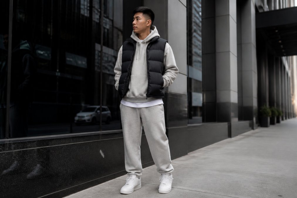 Urban lifestyle scene of person wearing layered durable streetwear in neutral tones, heavyweight hoodie, graphic tee, brushed fleece sweatpants, standing in modern city environment with natural lighting, showing how pieces coordinate together