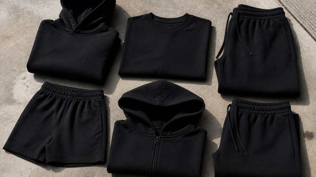 A folded flat-lay of heavyweight cotton streetwear on a concrete surface, an oversized black tee, a boxy hoodie and sweatpants, natural daylight, no branding visible