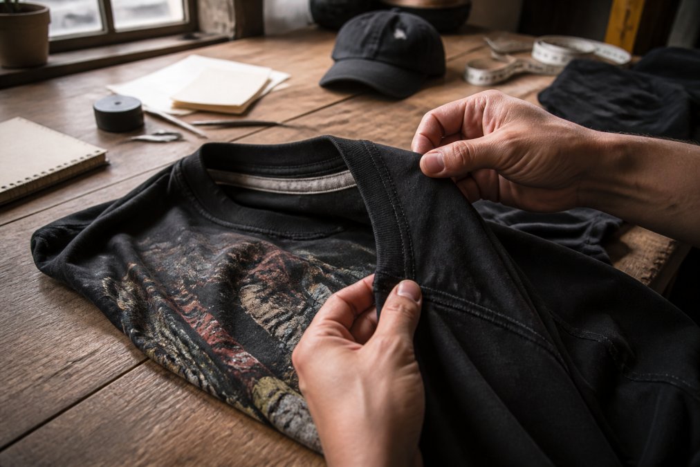Close-up of hands inspecting a heavyweight graphic tee, examining double-needle stitching on the armhole seam, reinforced neck tape, and high-density screen print texture under natural window lighting