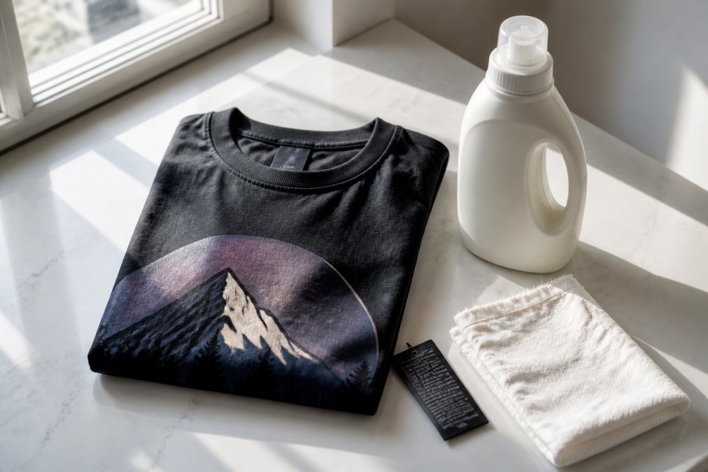 Flat lay of a folded heavyweight graphic tee with a bottle of cold-water detergent, care instruction tag, and white cotton cloth on a clean white surface with natural window lighting
