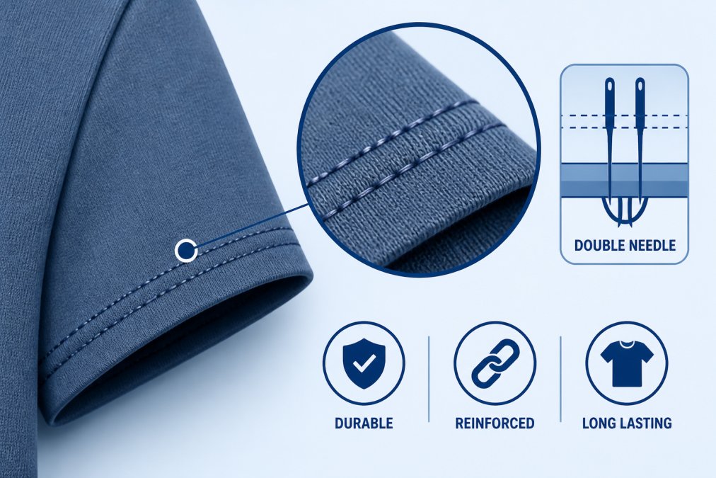 Close-up of double-needle stitching on a heavyweight t-shirt seam showing reinforced construction detail with visible thread lines