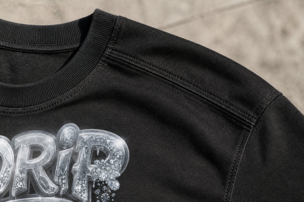 Close-up of heavy-weight cotton fabric showing reinforced double-needle stitching and taped shoulder seams on a work shirt, with natural daylight highlighting the weave texture
