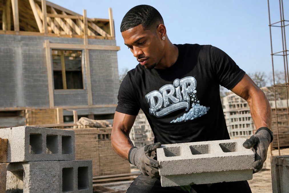 Worker wearing durable streetwear while performing physical labor on a job site, showing the garment in active use with natural daylight highlighting the fabric integrity and construction details