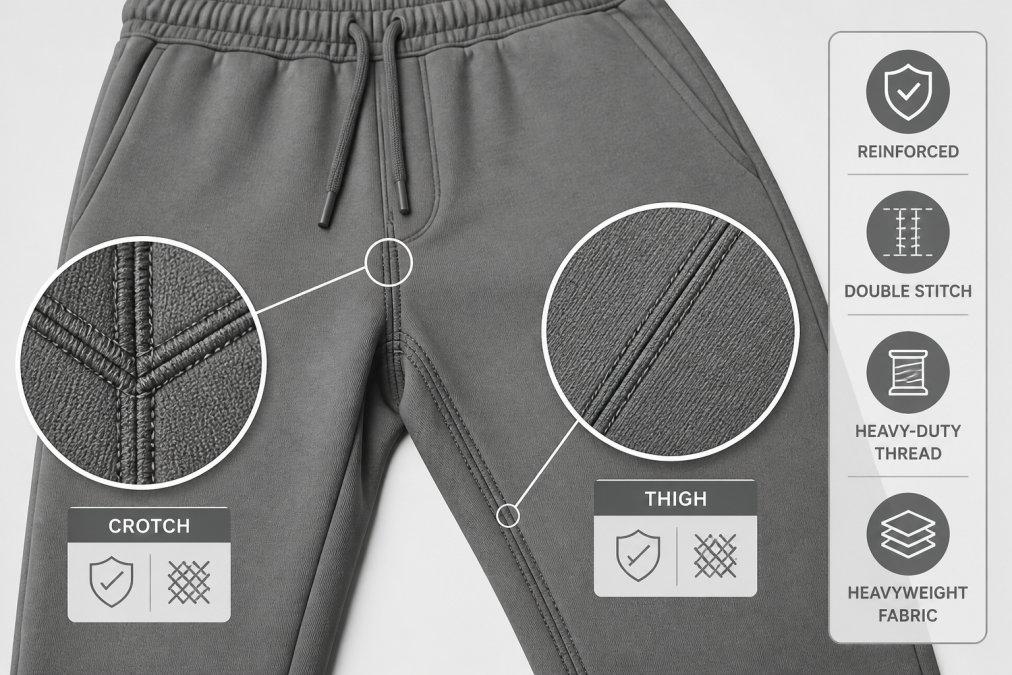 Close-up of reinforced stitching visible on jogger seams at the crotch and thigh area, showing heavy-duty thread and tight stitch pattern on heavyweight fabric under natural light