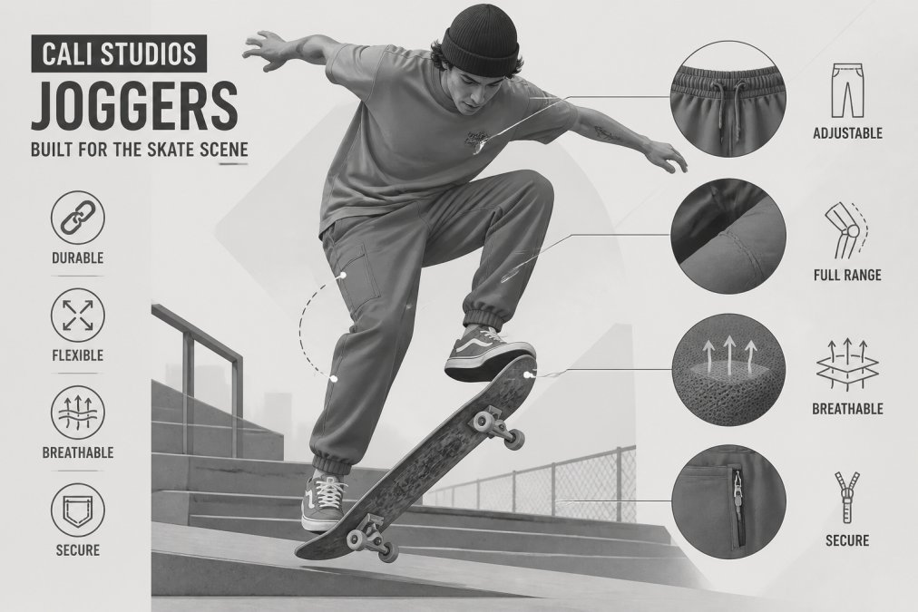 Skateboarder wearing relaxed-fit joggers mid-trick on a street spot, showing how the pants move fluidly with the body during active skateboarding with natural outdoor lighting