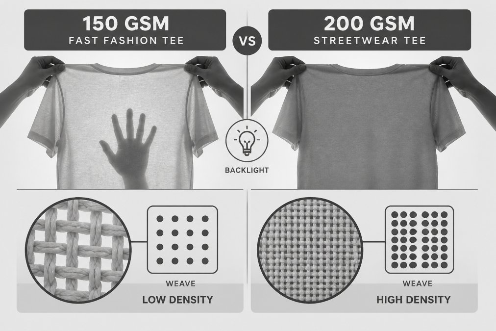 Side-by-side comparison of a 150 GSM fast fashion tee and a 200 GSM streetwear tee, showing the difference in fabric opacity and weave density under backlight