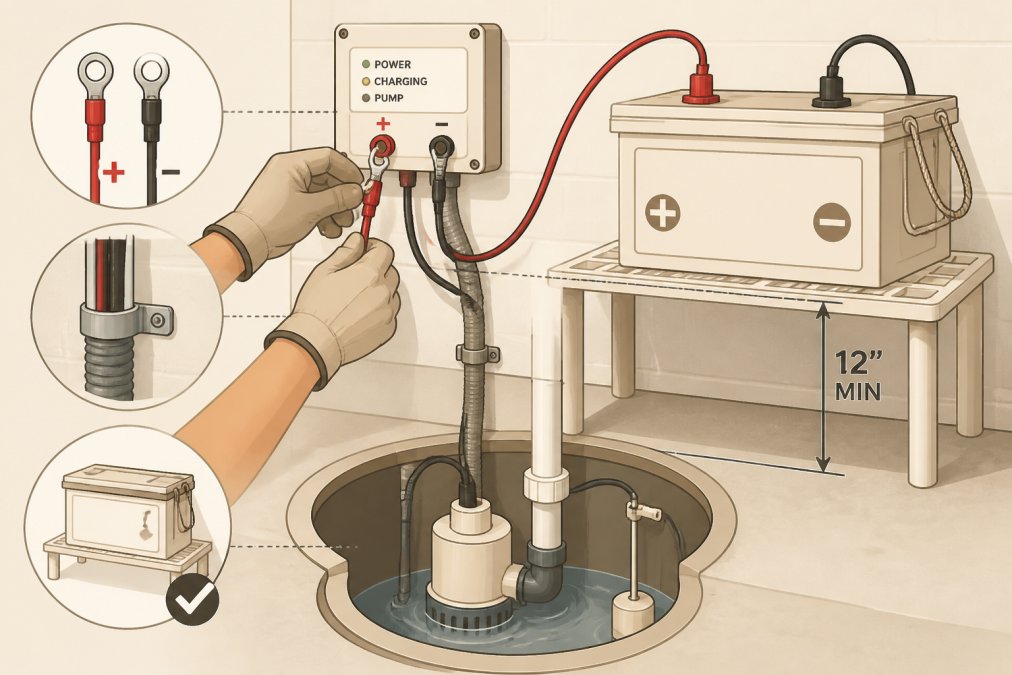 Professional technician's hands connecting color-coded battery cables to backup pump controller terminals in a basement sump pit, showing proper cable routing through conduit and the battery positioned on a plastic shelf above water level