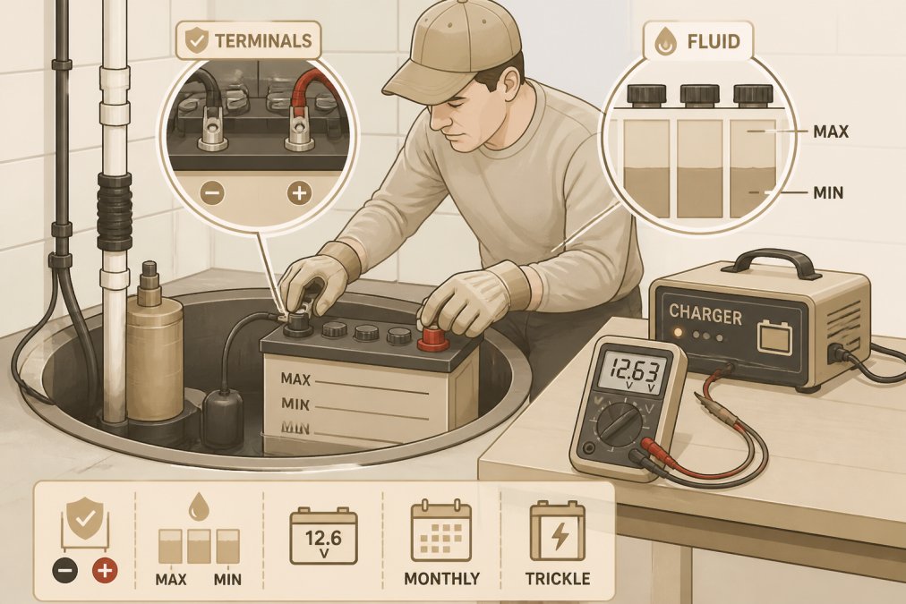 Homeowner in work gloves checking battery terminal connections and fluid levels on a lead-acid battery in a basement sump pit setup, with a trickle charger visible on the workbench nearby and a voltmeter showing the battery reading