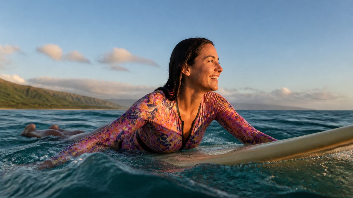 Young woman paddling out on her surfboard in ocean waves, wearing vibrant colourful swimwear with coastal scenery and morning light in the background