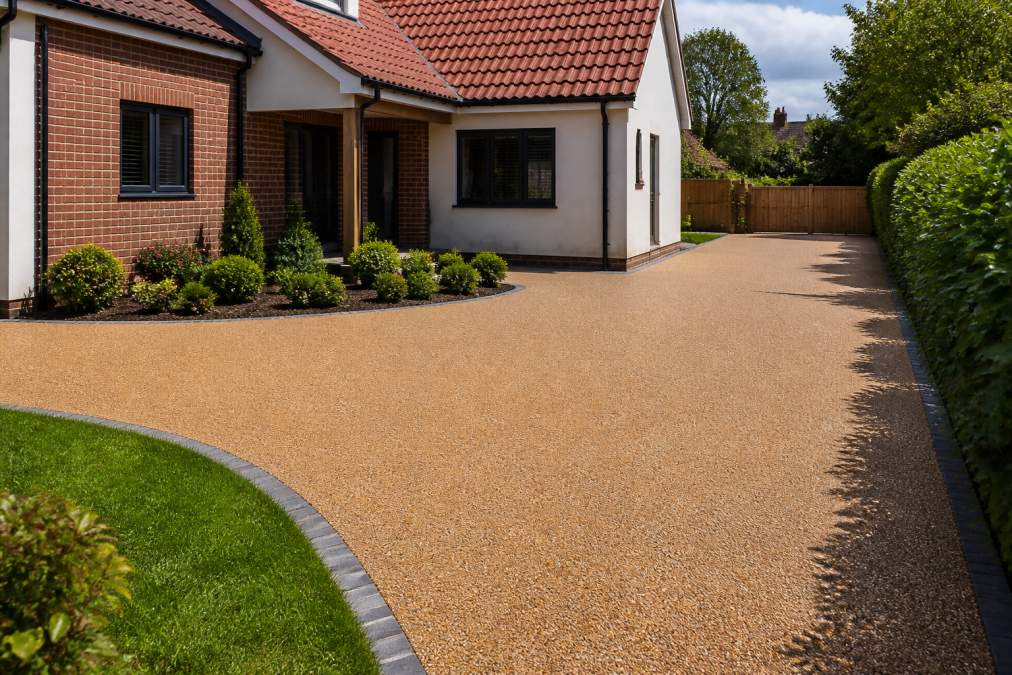 Finished resin bound driveway with smooth aggregate surface showcasing rich colour and clean edges on a residential property in Norfolk, photographed on a bright day