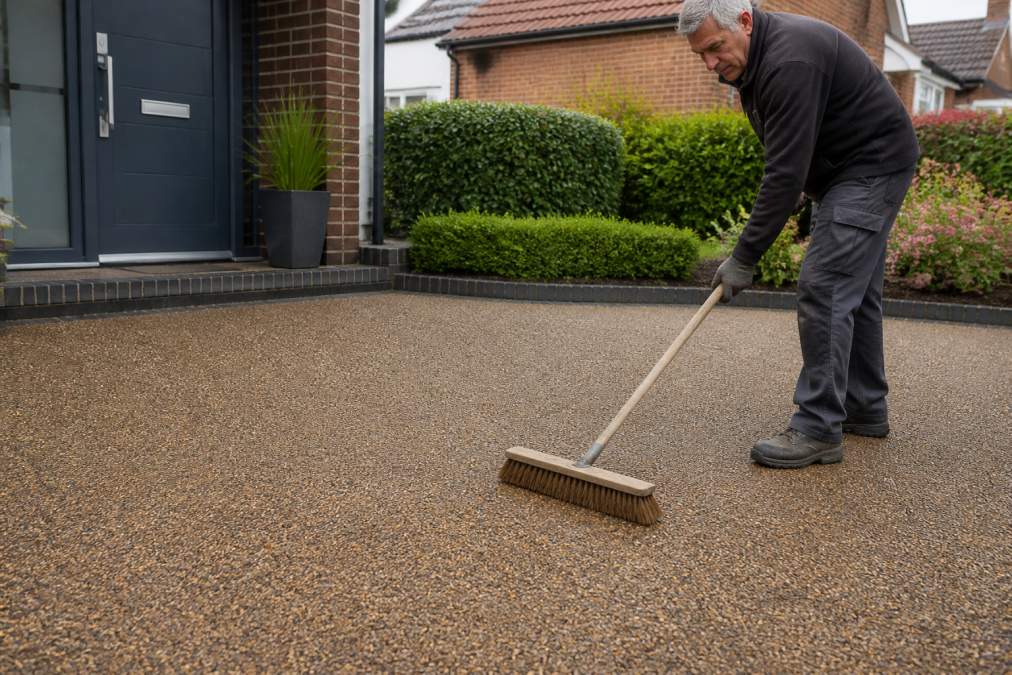 Property owner sweeping a resin bound driveway surface with a soft brush, demonstrating routine maintenance on a residential property in Norfolk