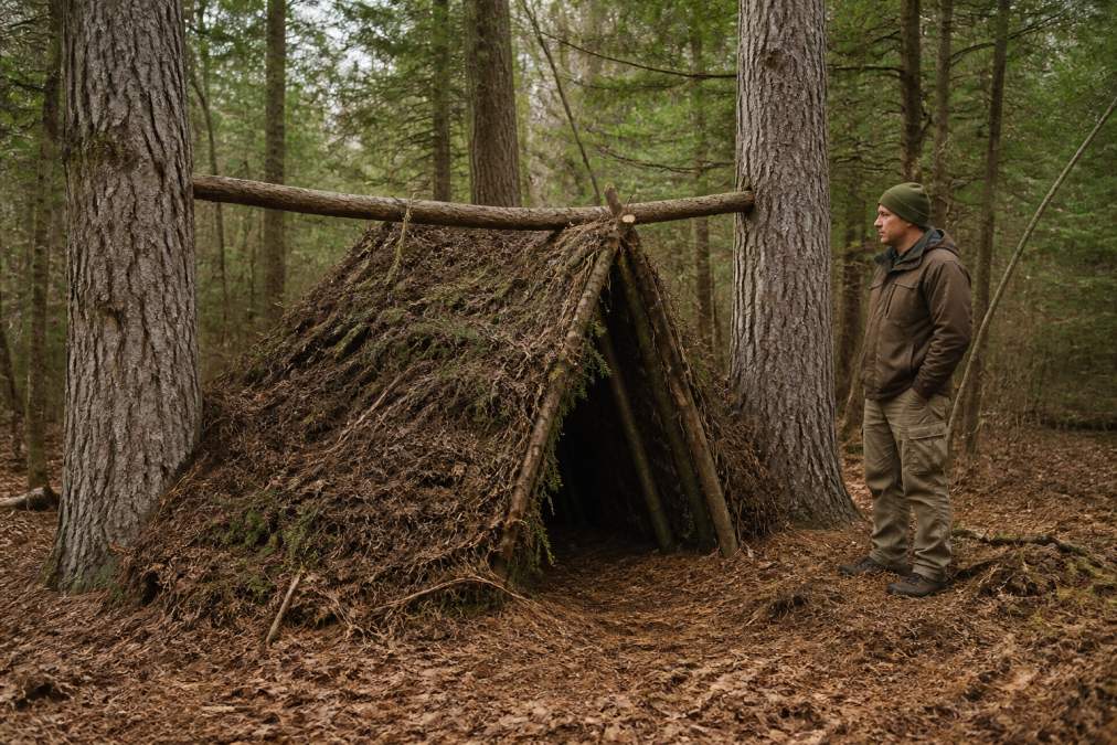 A completed debris hut in a forest setting with a sturdy ridgepole spanning between two trees, bough framework creating the A-frame structure, and debris covering the entire exterior, with natural forest floor visible and a person standing beside it for scale