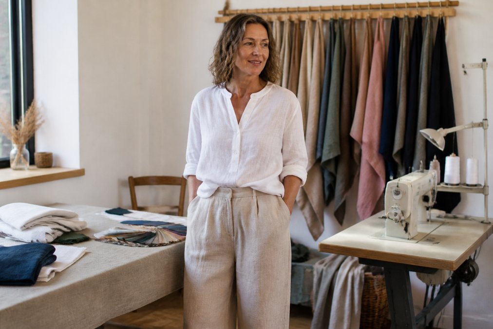 Woman in her 40s wearing sustainable clothing while working in a bright studio with fabric swatches.
