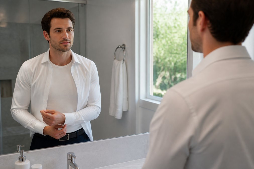 A man in a crisp white dress shirt adjusting his cuffs in a bright bathroom mirror, showing a plain white crew neck undershirt tucked neatly beneath, no visible sweat marks