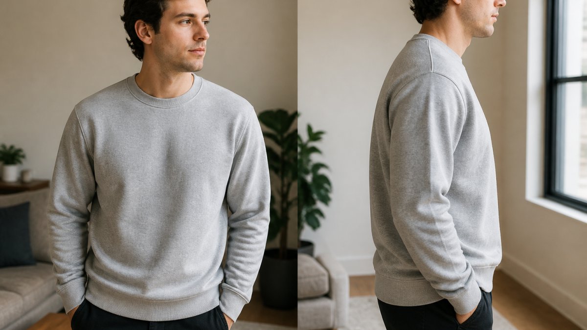 Person wearing crew-neck sweatshirt in neutral home setting, showing fit and fabric texture from front and side angles, natural window lighting