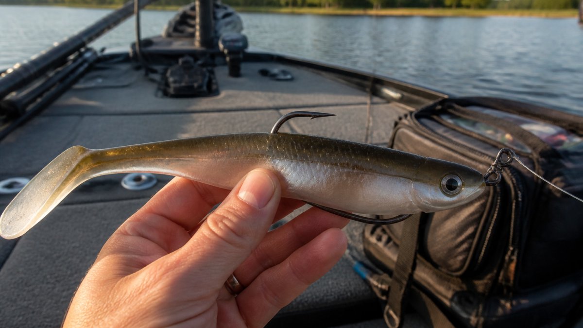 Close-up of a large paddle tail swimbait rigged on a heavy hook, held against a blurred bass boat deck and tackle bag, morning light on the water