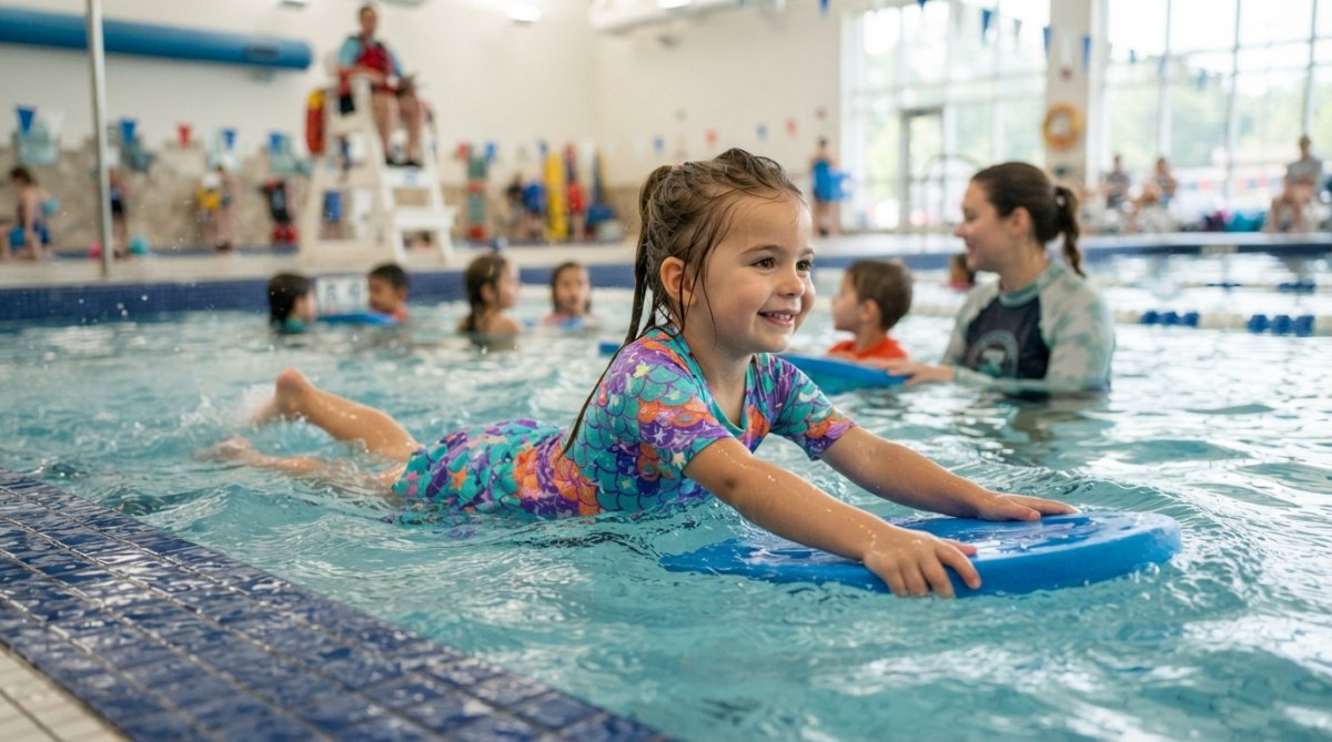 Child wearing a snug-fitting, brightly colored swimsuit during an active swim lesson, demonstrating proper fit with comfortable range of motion in the water