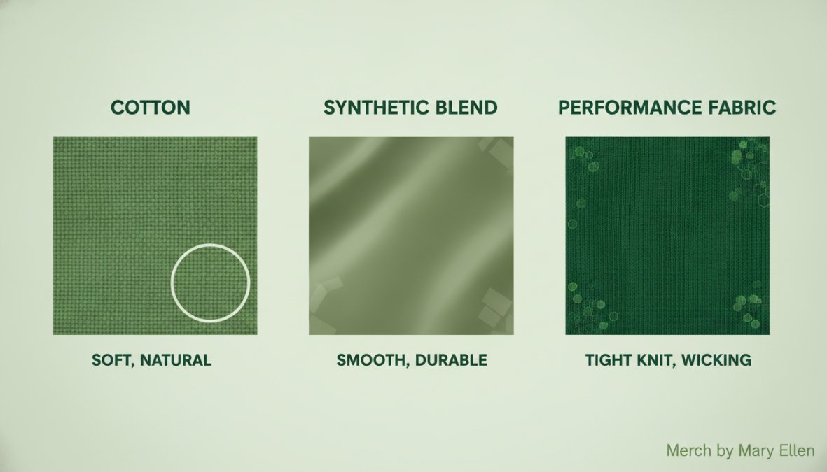 Close-up of different fabric textures laid flat, cotton swatch showing visible weave, synthetic blend with smooth finish, and performance fabric with tight knit structure side by side in natural daylight