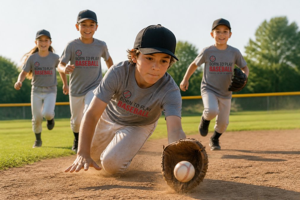 Group of active kids wearing durable printed t-shirts during outdoor baseball practice, diving for a ball and running bases in bright afternoon sunlight