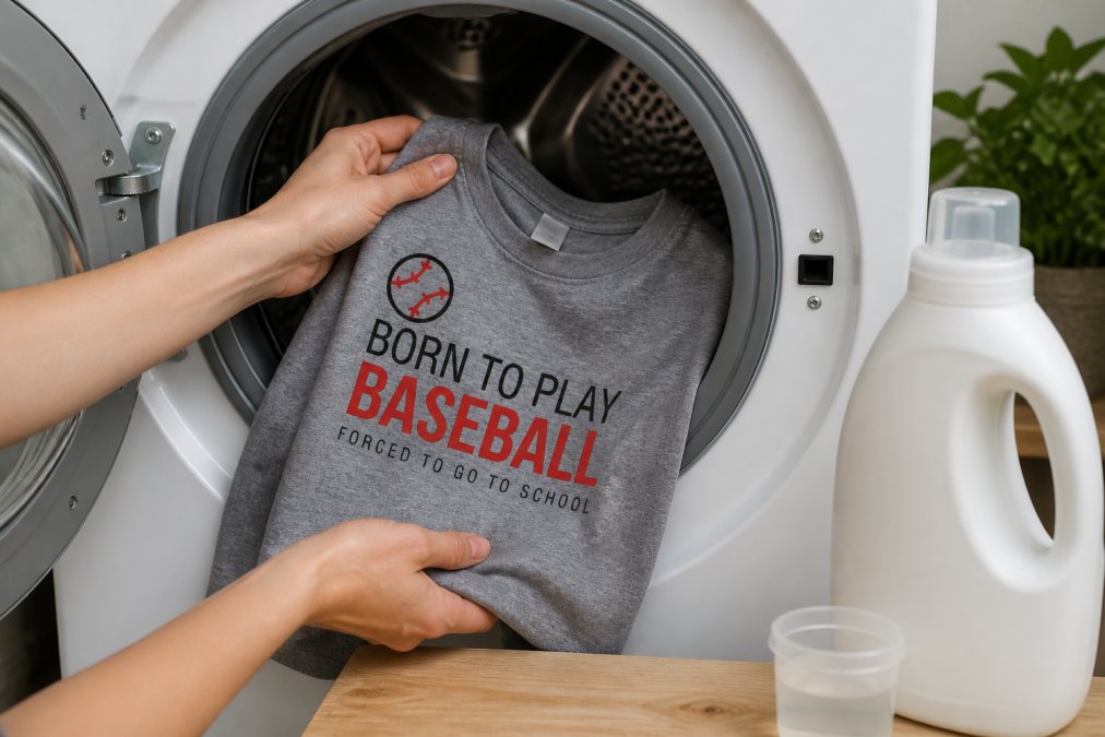 Close-up of hands placing a durable printed t-shirt inside a washing machine, with care instruction tag clearly visible and mild detergent bottle nearby