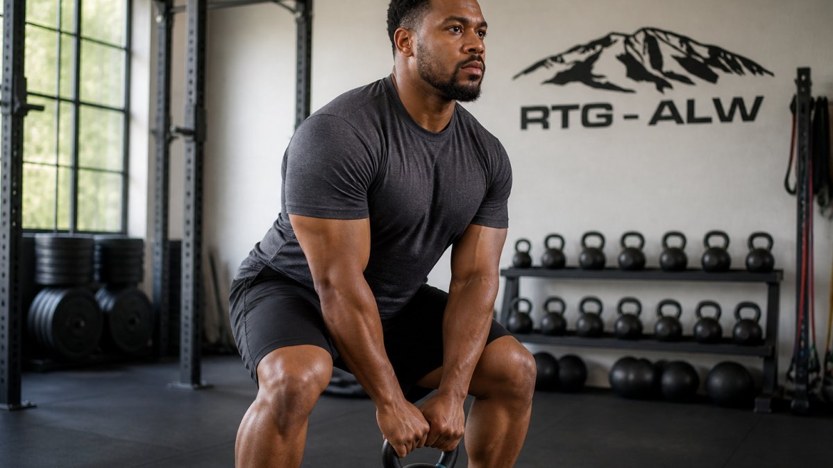 A tall, broad-shouldered man in a crew-neck performance tee mid-workout in a bright gym, shirt sitting cleanly at the waist during a kettlebell lift