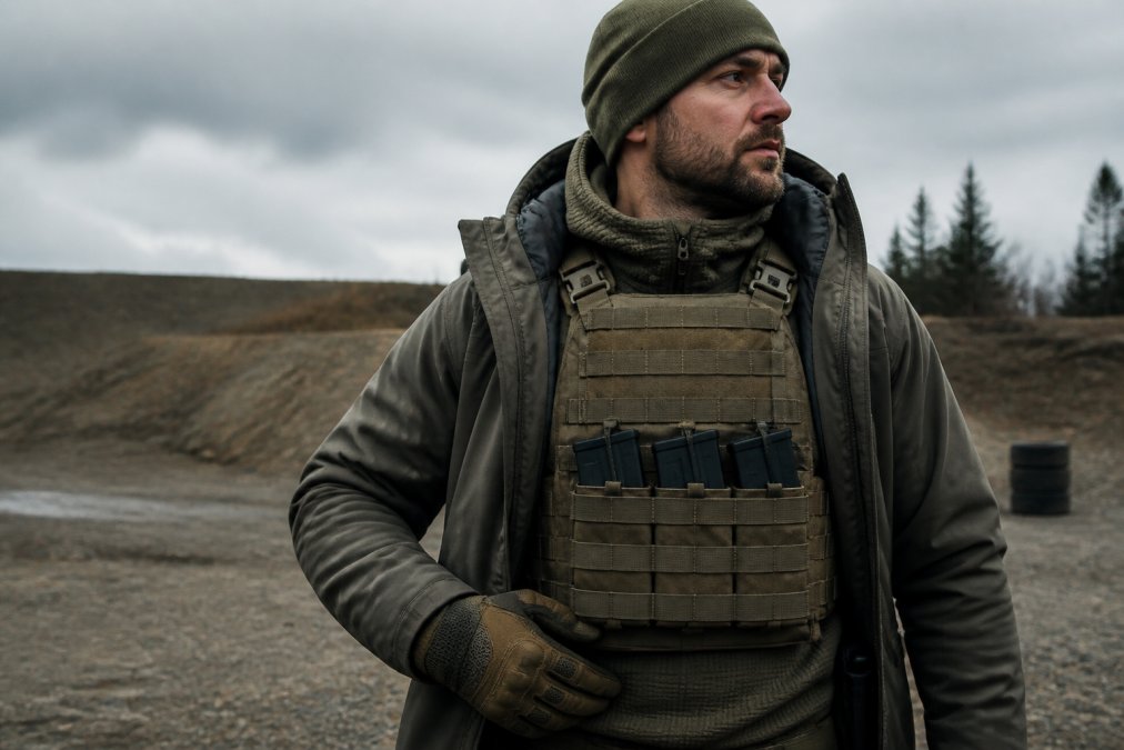 Professional tactical operator wearing base layer undershirt, mid-layer tactical grid fleece hoodie, and outer shell jacket over plate carrier in outdoor training environment with overcast sky and natural lighting