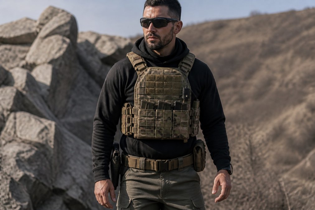 Tactical professional wearing tactical hoodie fitted under plate carrier with visible shoulder articulation and torso coverage, duty belt secured at waist, demonstrating proper fit and mobility in outdoor tactical scenario