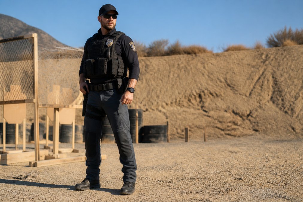 A law enforcement officer in dark tactical pants with visible cargo pockets and reinforced knees standing at an outdoor range, gear on duty belt, afternoon light