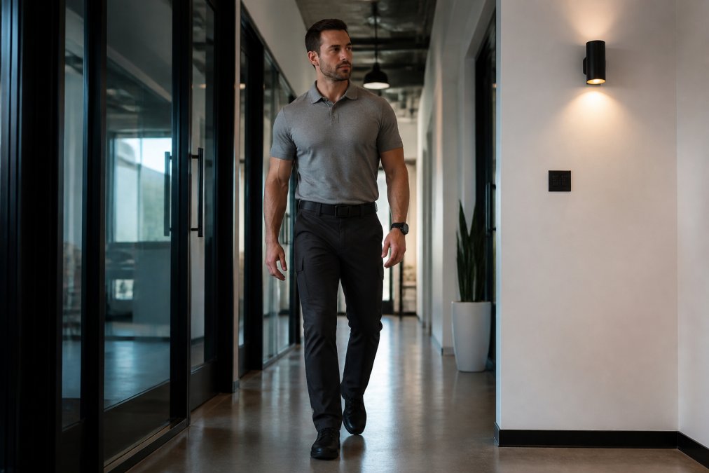 A person in clean dark tapered tactical pants and a plain gray shirt walking through an office hallway, professional posture, natural overhead lighting, understated appearance