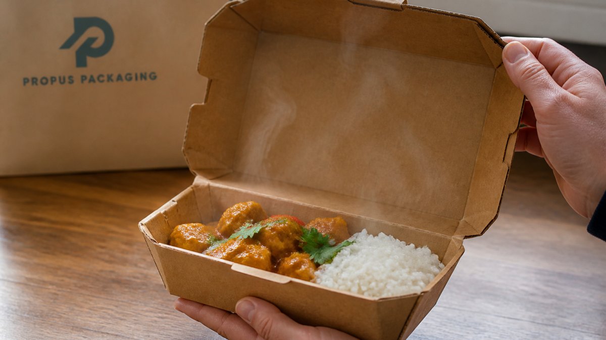 Close-up of an open kraft clamshell container filled with hot takeaway food, showing the interior construction and sturdy hinged design with steam rising from food inside