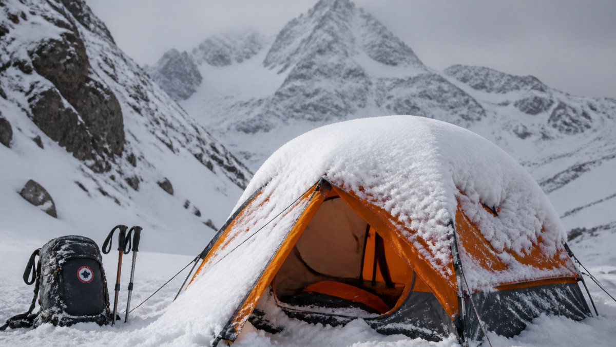Rugged four-season tent pitched in alpine wilderness with heavy snow accumulation on the rainfly, showing real-world weather resistance and structural integrity under extreme conditions