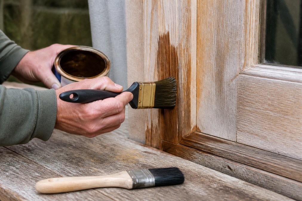 Step-by-step guide showing how to apply wood stain to a weathered timber door frame for maintenance