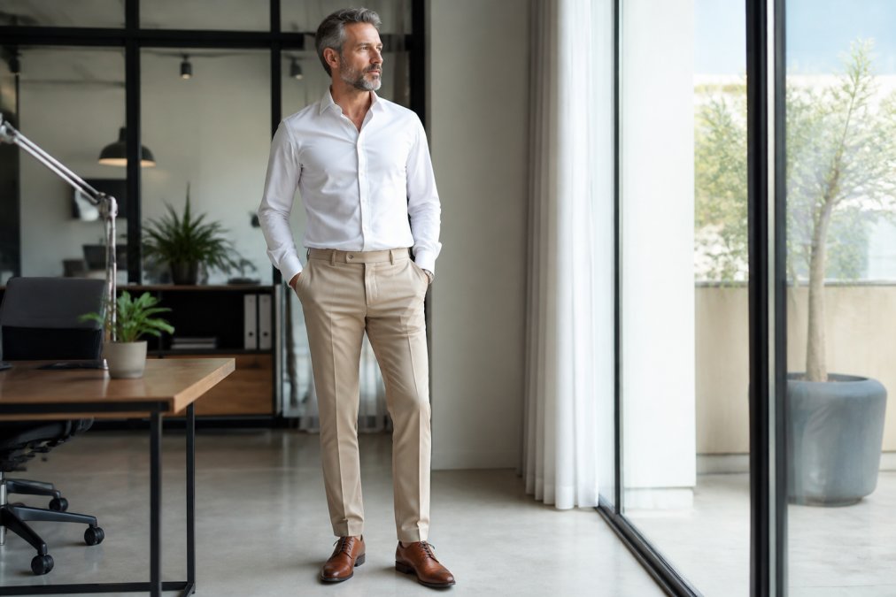 A well-dressed professional man in his 40s standing in a bright, modern office, wearing a crisp white button-up shirt, tailored beige trousers, and polished brown leather oxford shoes, three-quarter shot showing full outfit details