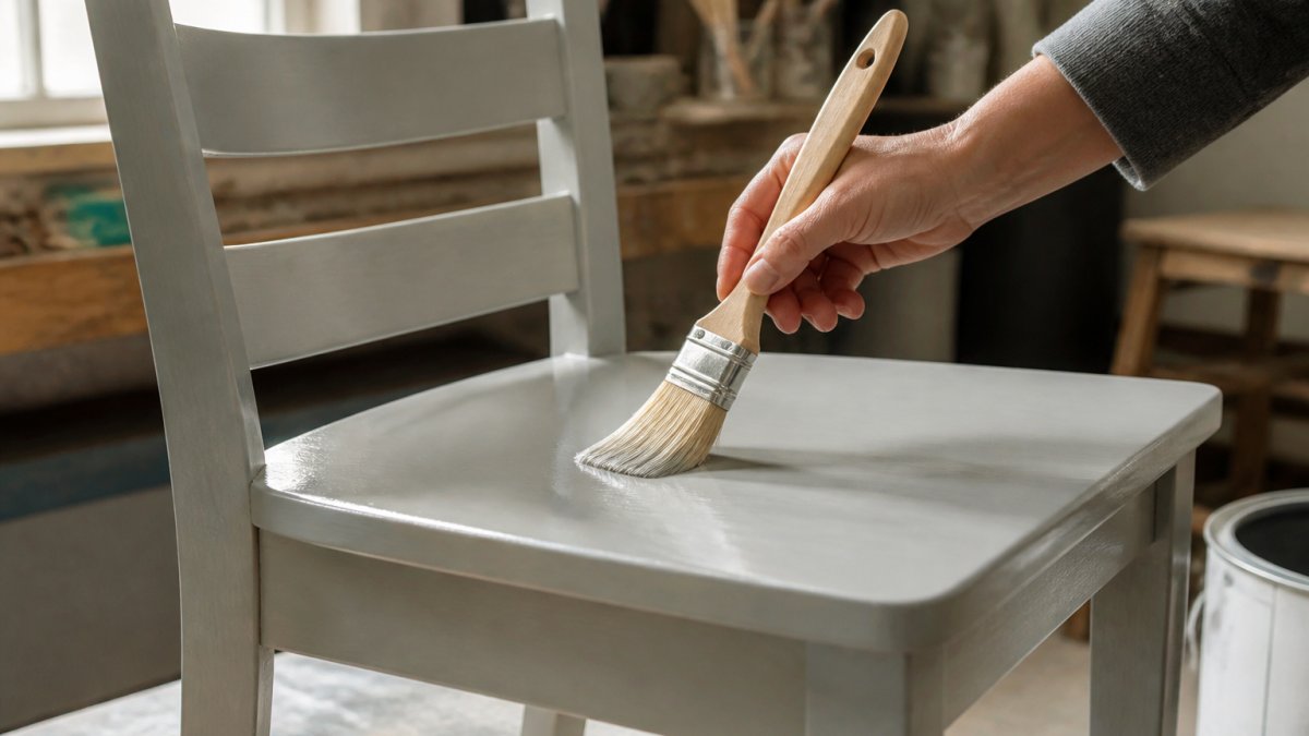 Hand using a brush to apply a clear protective topcoat to a painted wooden chair in a bright workshop