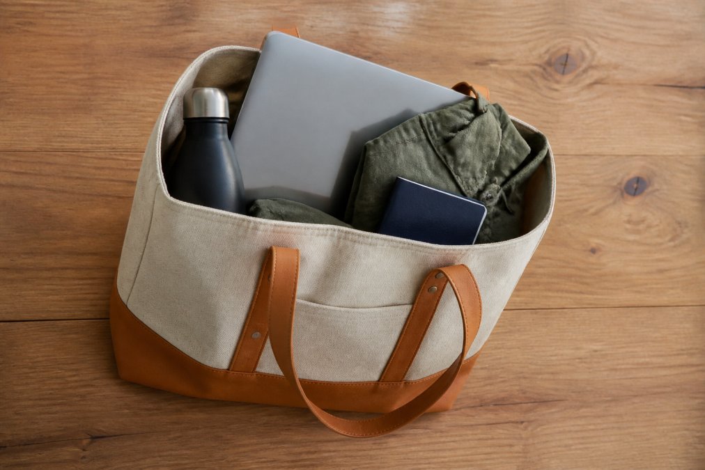 A flat-lay photo of a durable canvas travel tote packed with a laptop, a water bottle, a passport, and a light jacket, set on a clean wooden surface with soft natural light